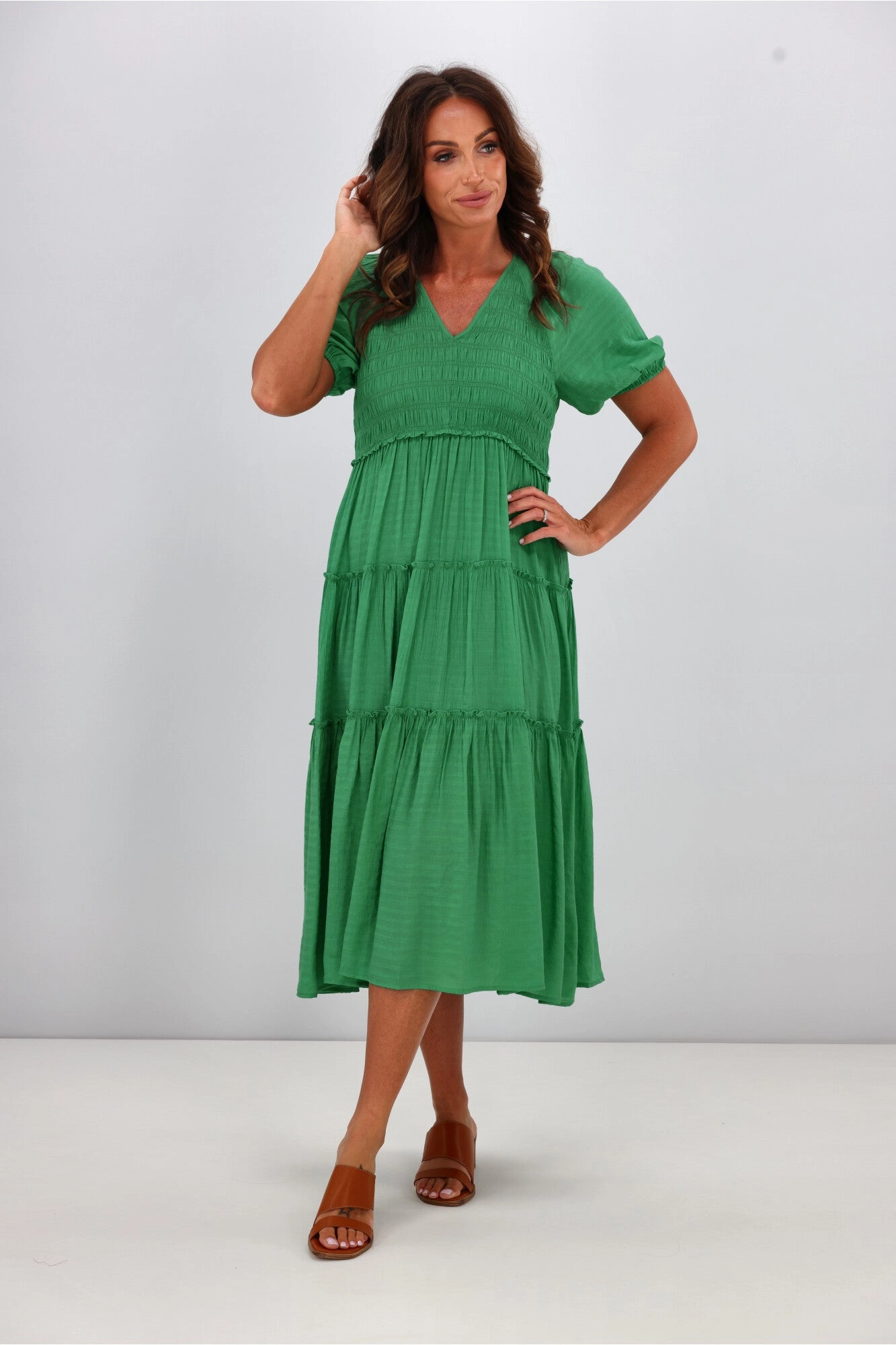 Gloss by Shine On Eadie Angle Shirred Bodice Dress Jade