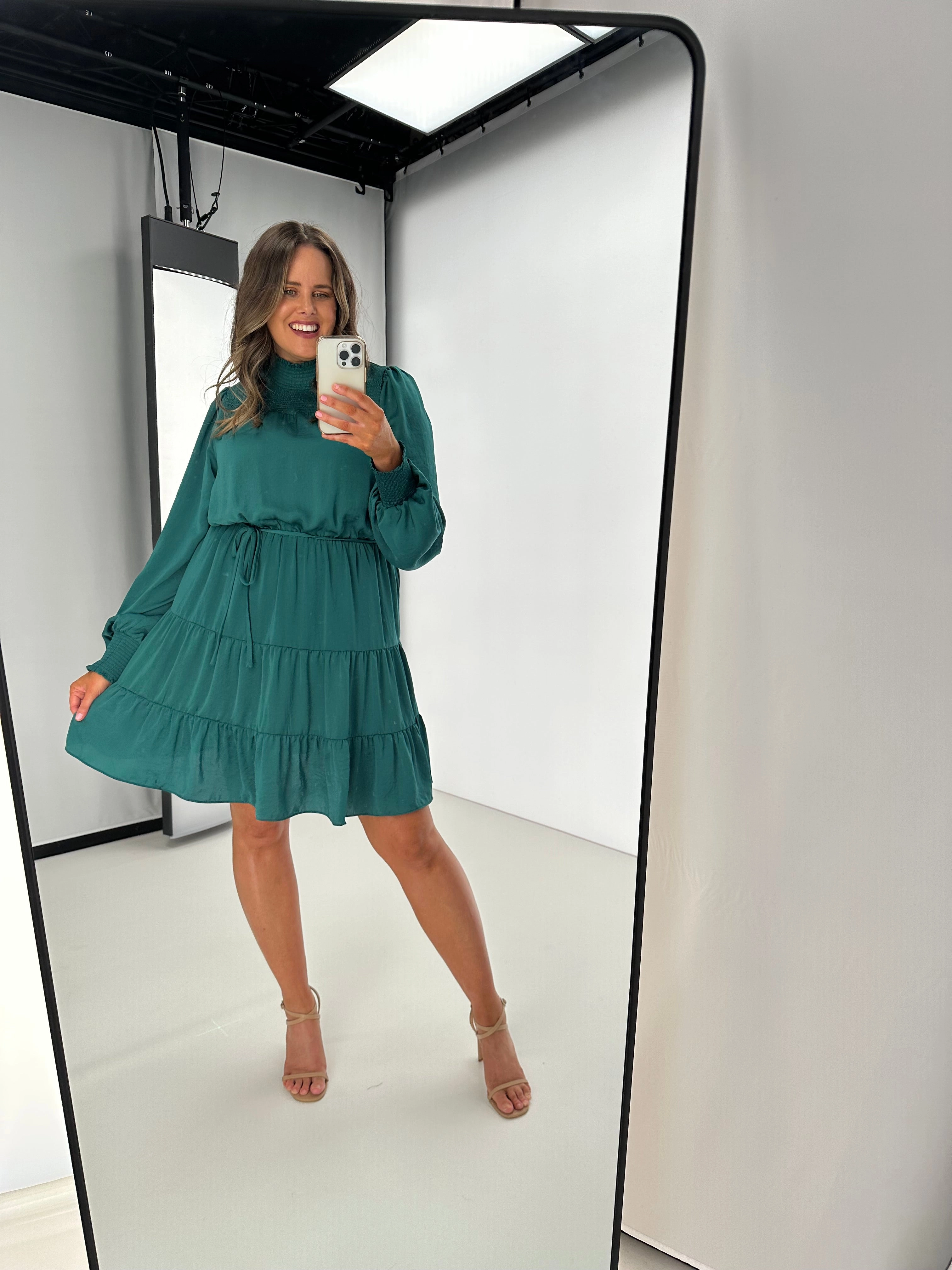 Gloss by Shine On Mandy Long Sleeve Tiered Dress Jade