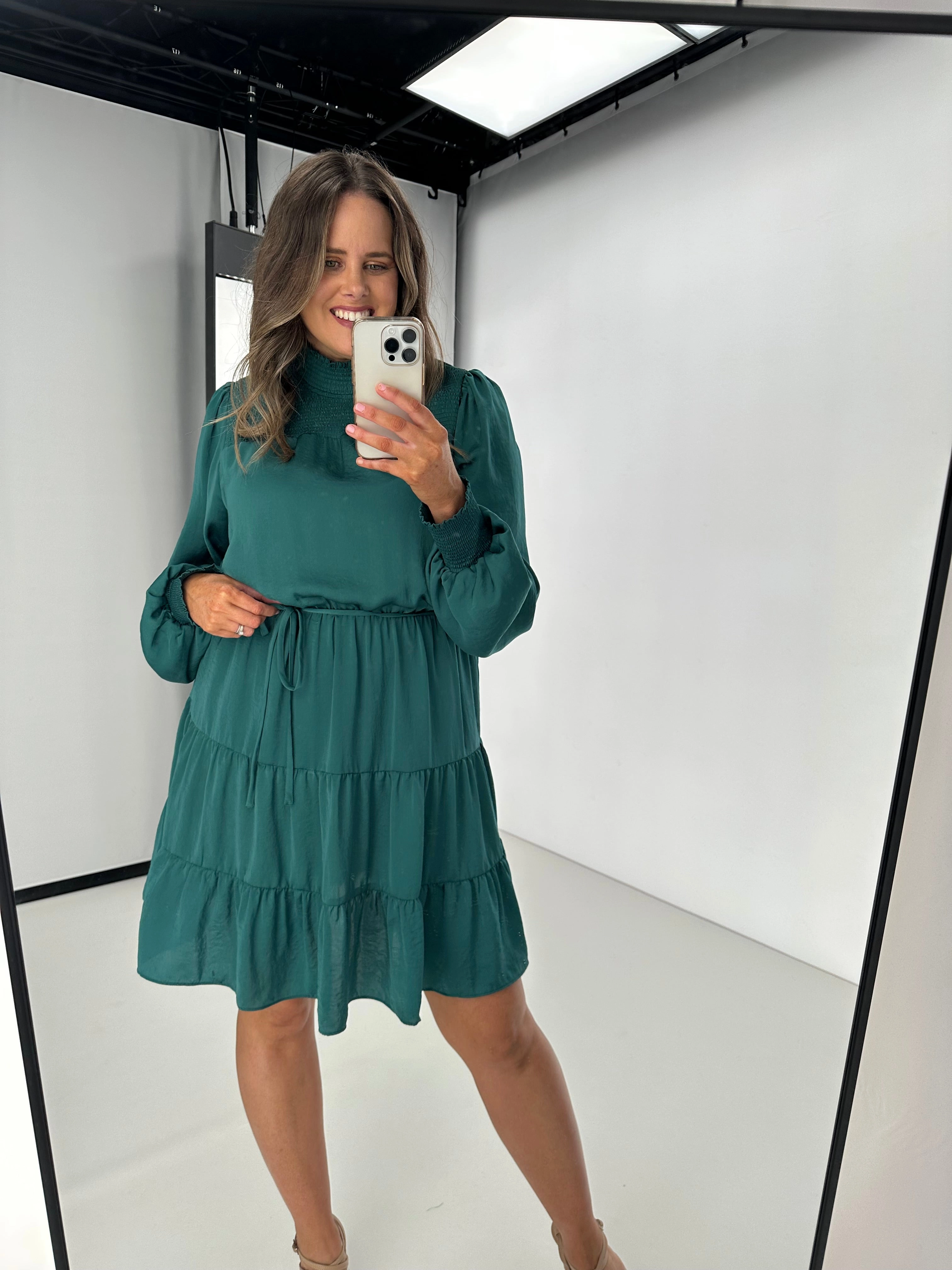 Gloss by Shine On Mandy Long Sleeve Tiered Dress Jade