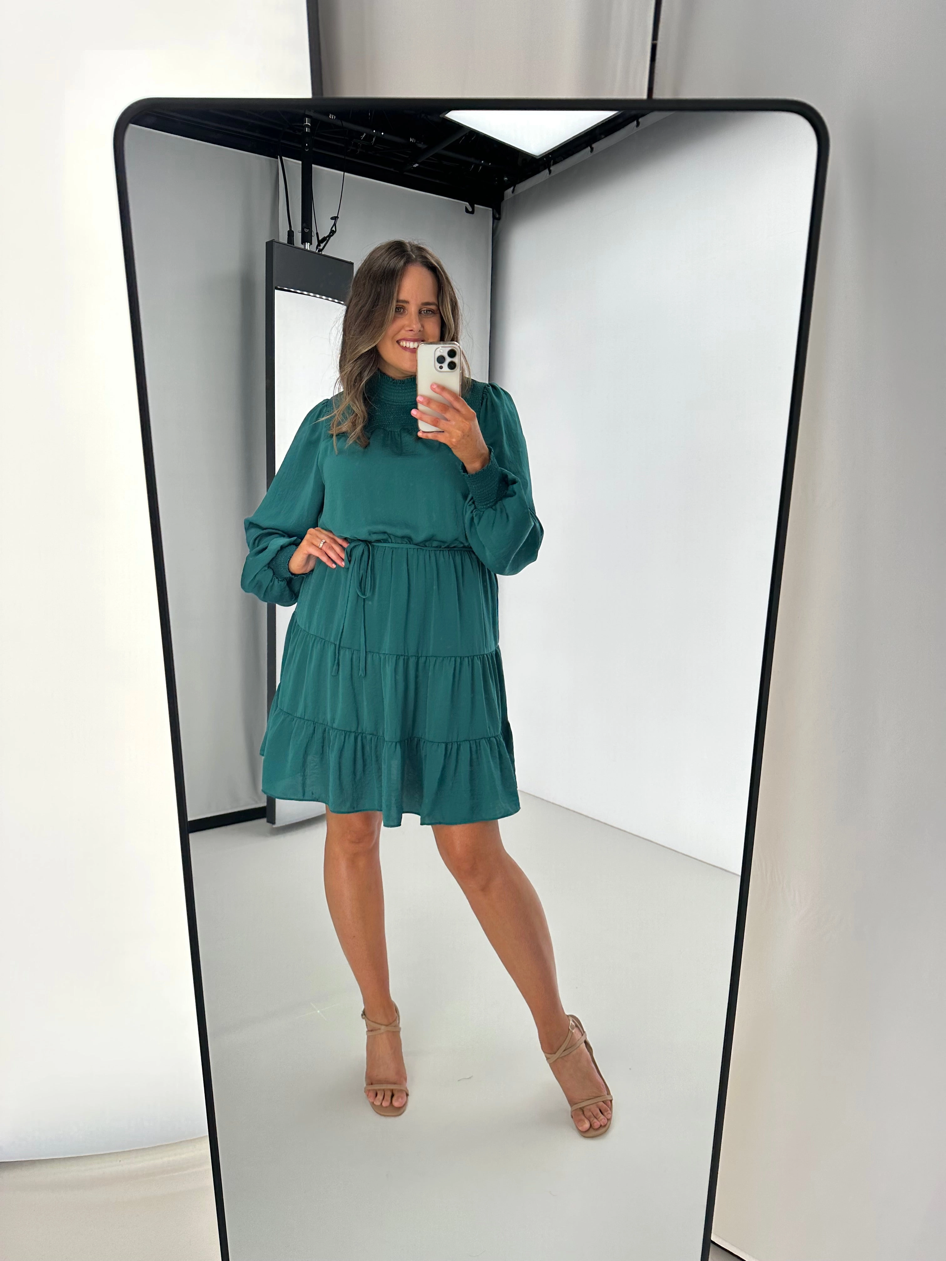 Gloss by Shine On Mandy Long Sleeve Tiered Dress Jade