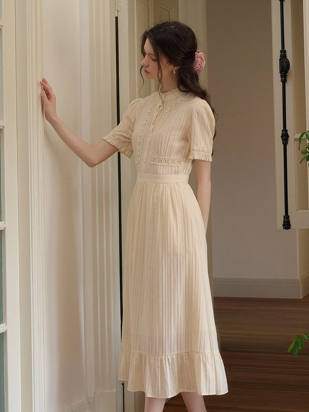 Judy Stand Collar Embroidery Cotton Dress