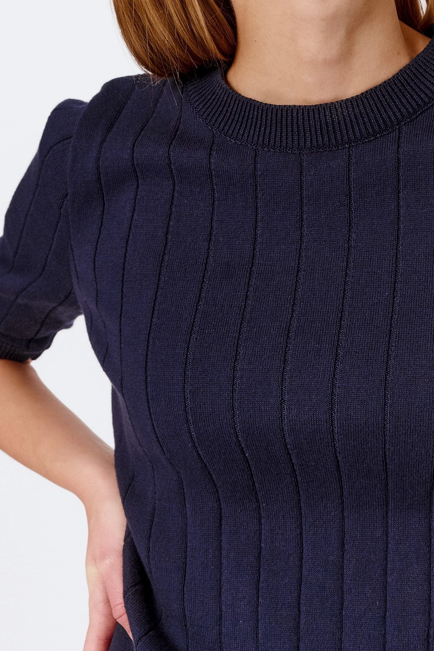 Knitted Organic Cotton Ribbed Short Sleeved Top | Navy Blue