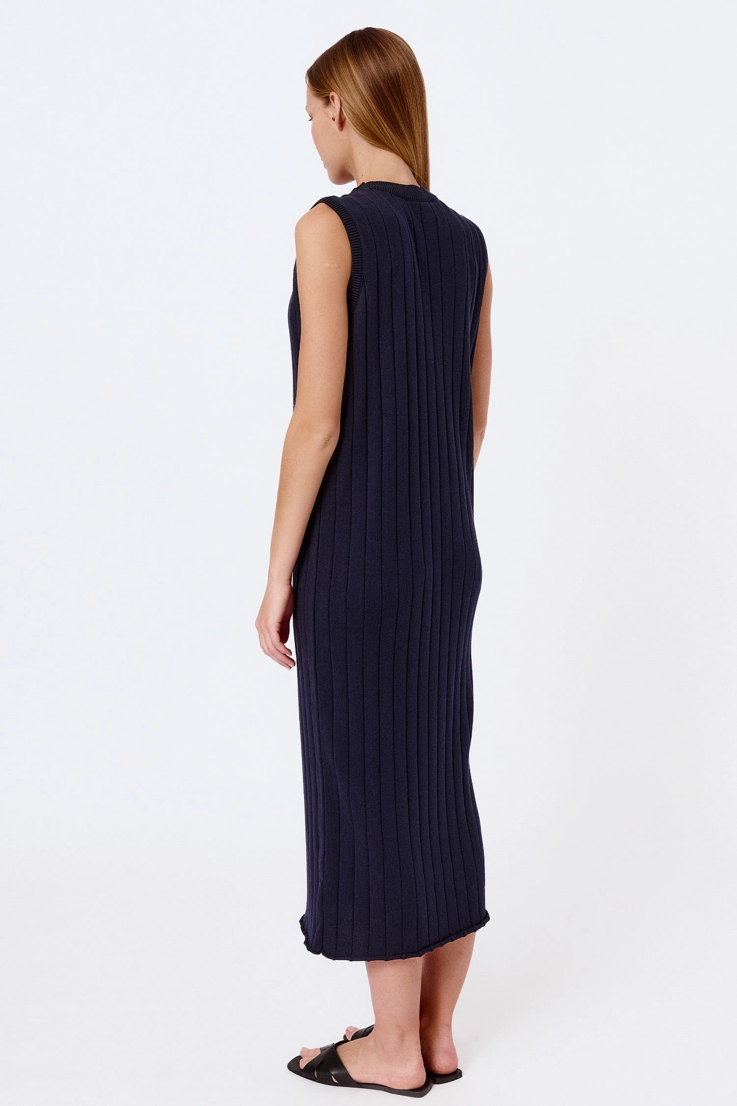 Knitted Organic Cotton Ribbed Sleeveless Dress | Navy Blue