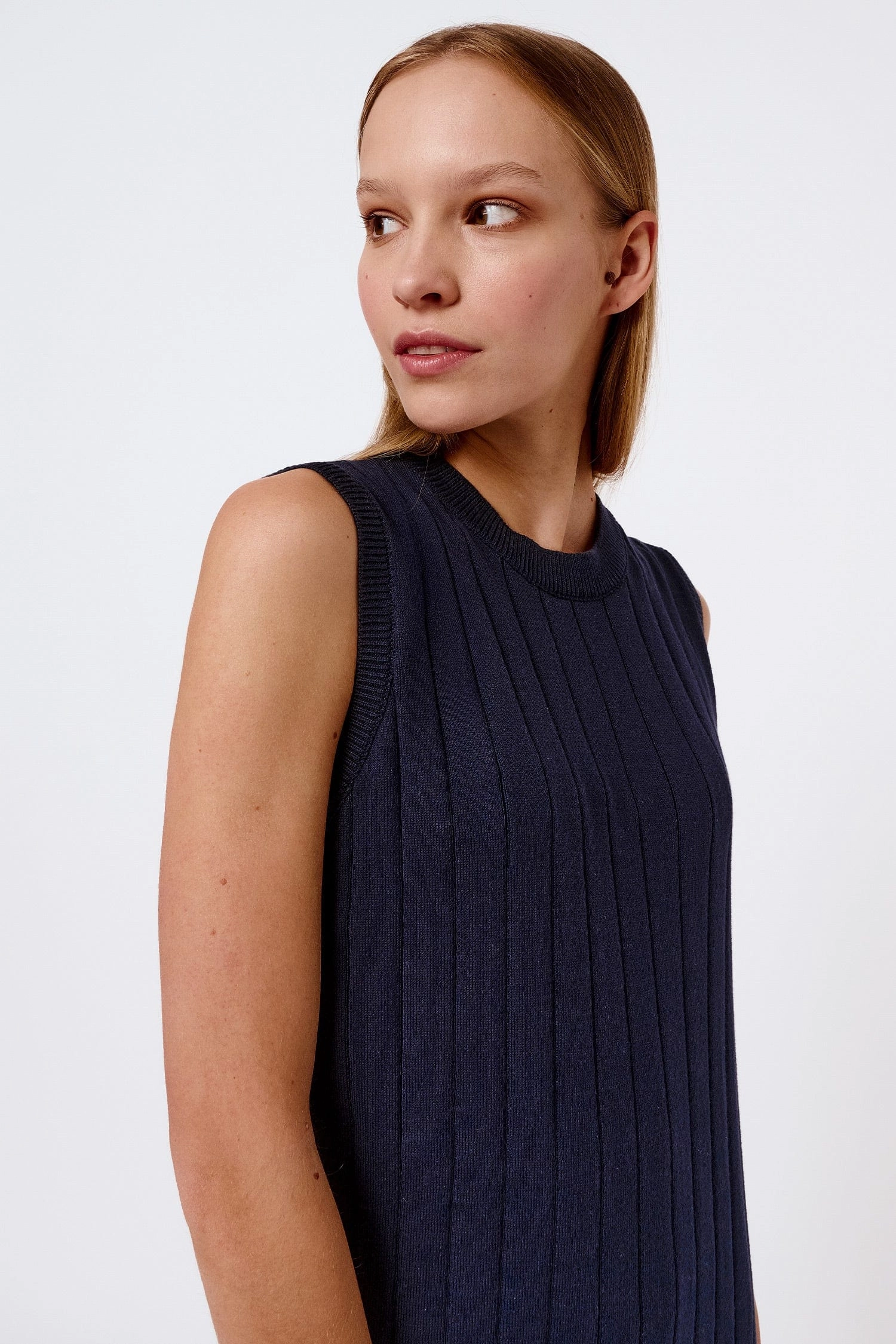 Knitted Organic Cotton Ribbed Sleeveless Dress | Navy Blue