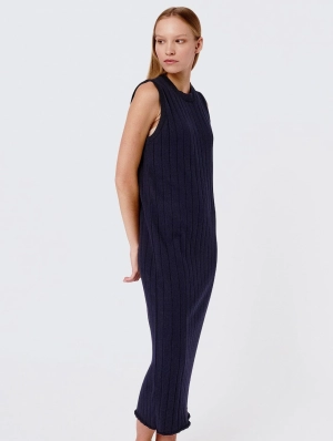 Knitted Organic Cotton Ribbed Sleeveless Dress | Navy Blue