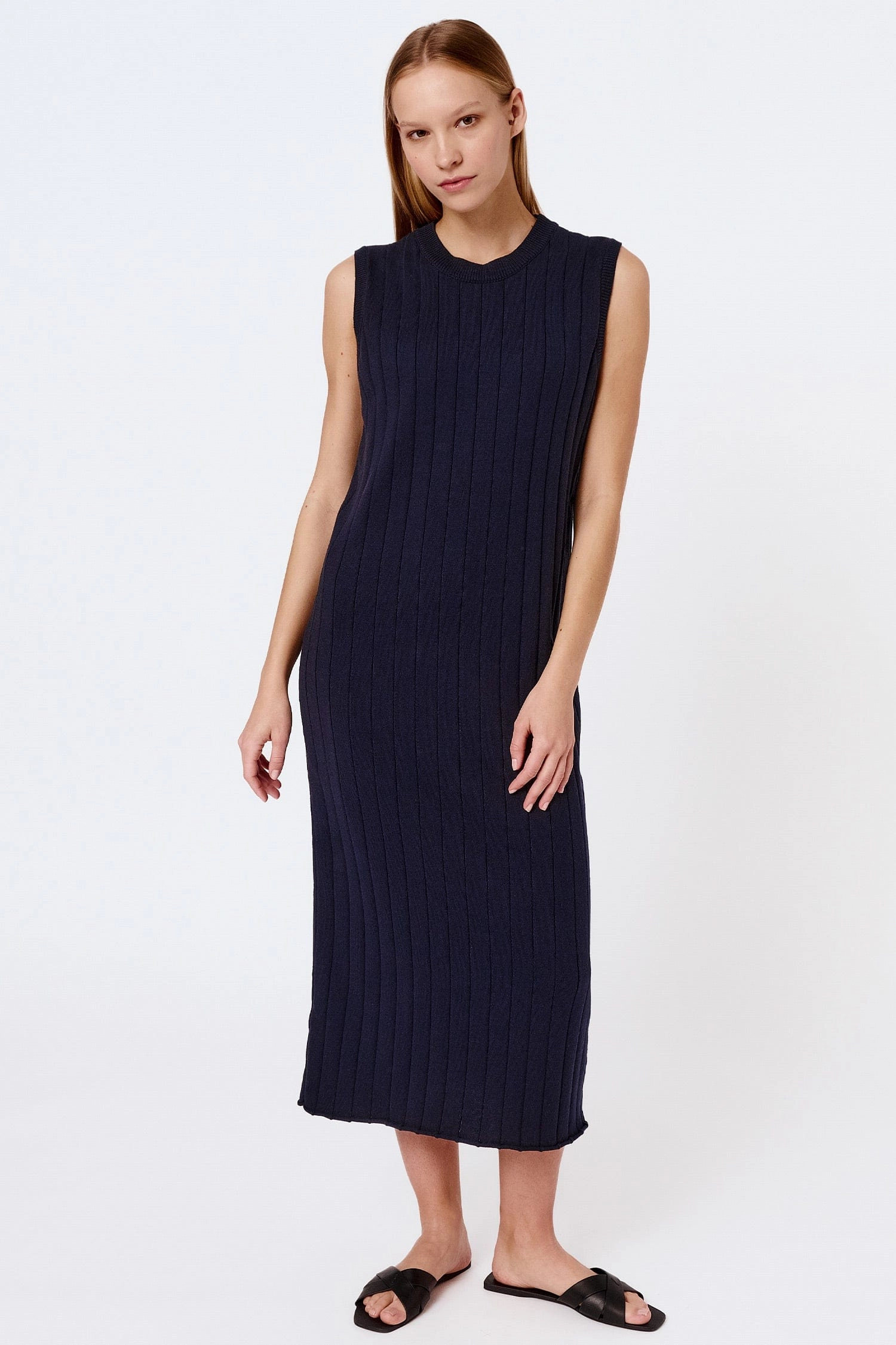 Knitted Organic Cotton Ribbed Sleeveless Dress | Navy Blue