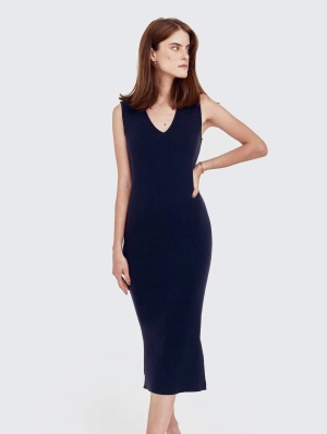 Knitted Organic Cotton V-neck Dress | Navy Blue