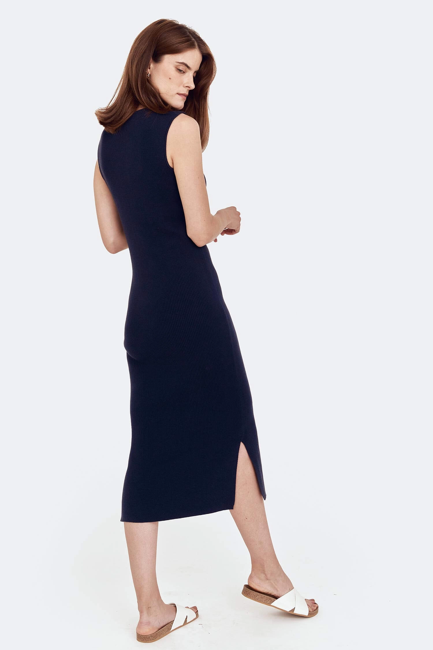 Knitted Organic Cotton V-neck Dress | Navy Blue