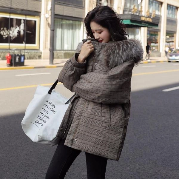 Korean Style Outwear Casual Zipper Jacket Women Winter Thick Parka Plaid Cotton Coat Casual Fur Collar Hooded Jacket
