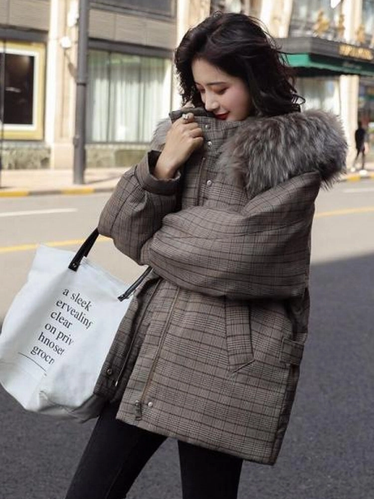 Korean Style Outwear Casual Zipper Jacket Women Winter Thick Parka Plaid Cotton Coat Casual Fur Collar Hooded Jacket