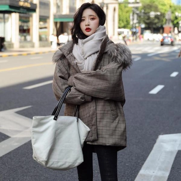 Korean Style Outwear Casual Zipper Jacket Women Winter Thick Parka Plaid Cotton Coat Casual Fur Collar Hooded Jacket