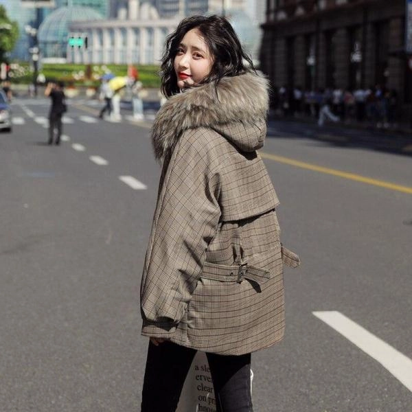 Korean Style Outwear Casual Zipper Jacket Women Winter Thick Parka Plaid Cotton Coat Casual Fur Collar Hooded Jacket