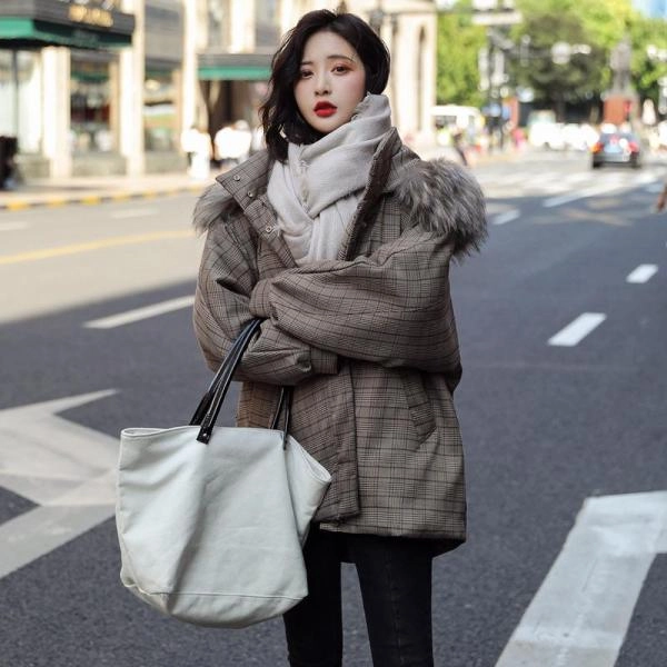 Korean Style Outwear Casual Zipper Jacket Women Winter Thick Parka Plaid Cotton Coat Casual Fur Collar Hooded Jacket