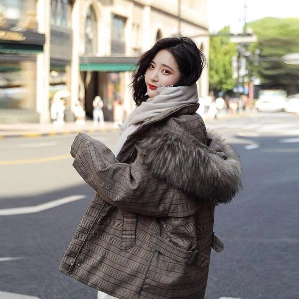 Korean Style Outwear Casual Zipper Jacket Women Winter Thick Parka Plaid Cotton Coat Casual Fur Collar Hooded Jacket