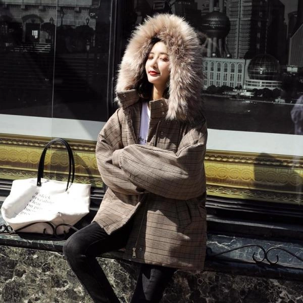 Korean Style Outwear Casual Zipper Jacket Women Winter Thick Parka Plaid Cotton Coat Casual Fur Collar Hooded Jacket