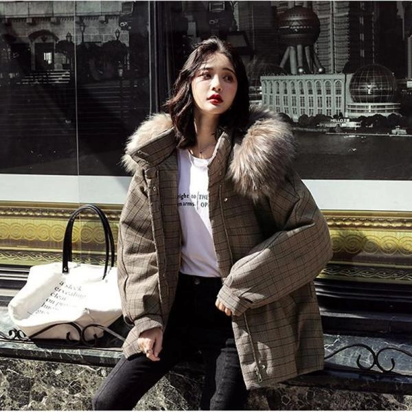 Korean Style Outwear Casual Zipper Jacket Women Winter Thick Parka Plaid Cotton Coat Casual Fur Collar Hooded Jacket