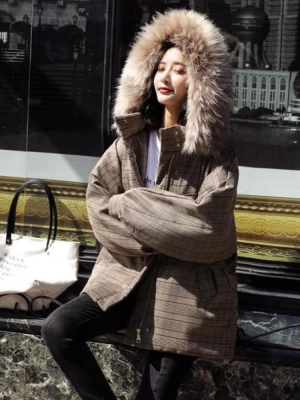 Korean Style Outwear Casual Zipper Jacket Women Winter Thick Parka Plaid Cotton Coat Casual Fur Collar Hooded Jacket
