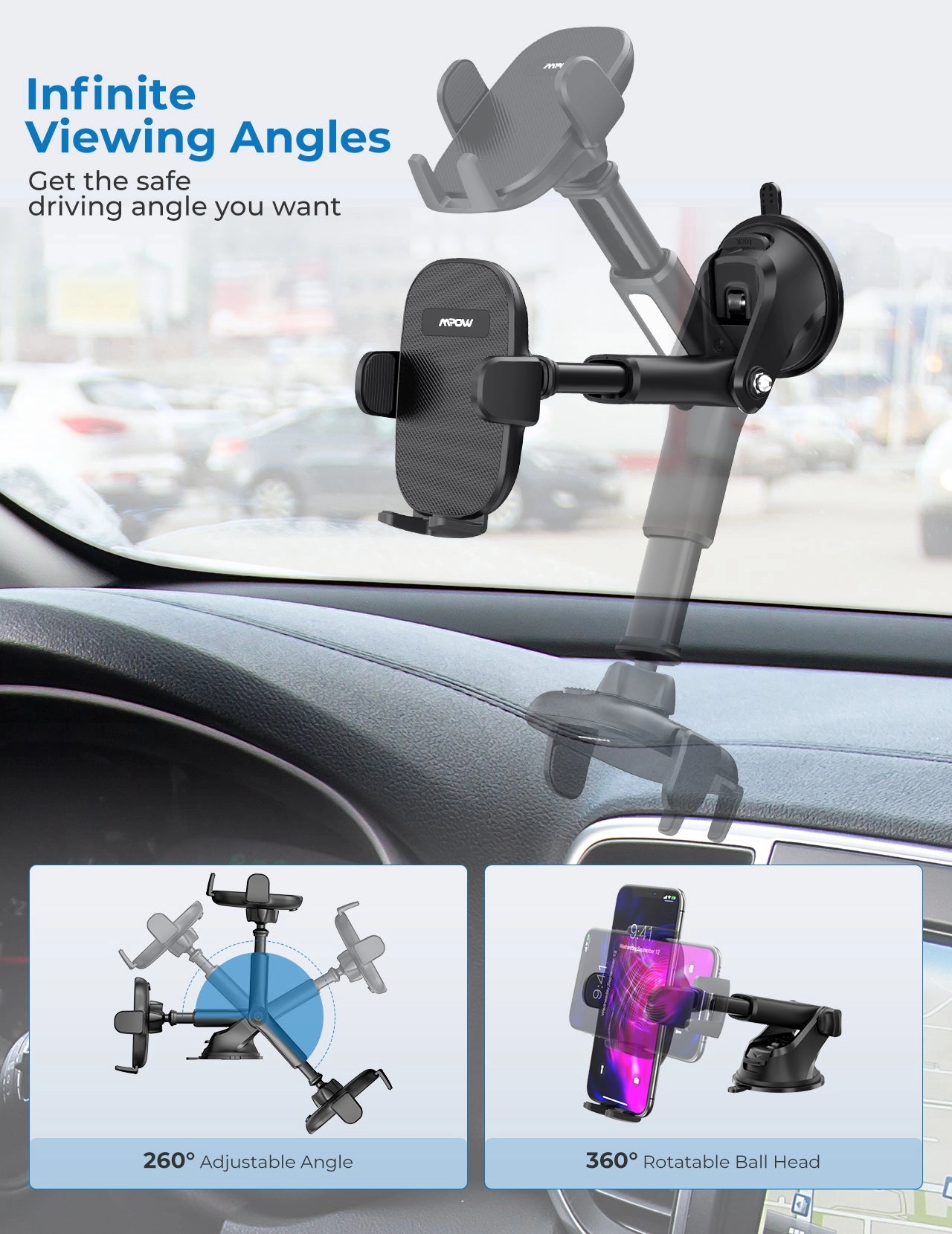 Mpow 155A Car Phone Mount for Dashboard Windshield Air Vent