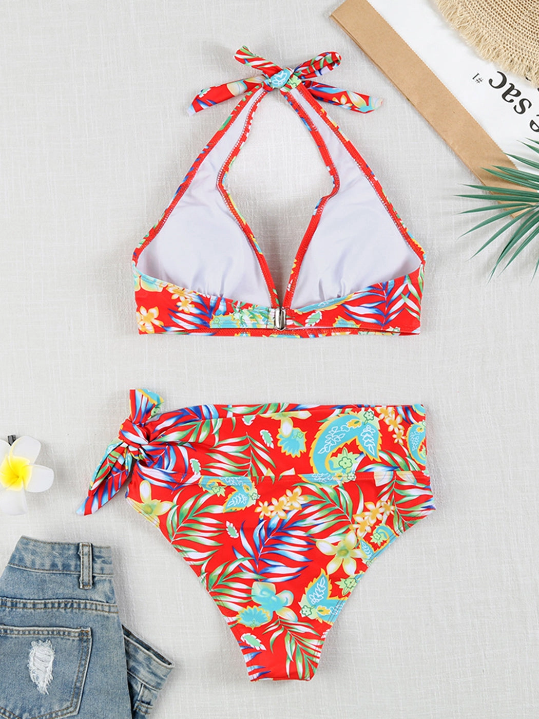 Multi-Color Printed Tie-Strap Sexy Halter Neck Split Bikini