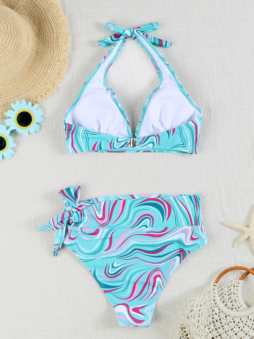 Multi-Color Printed Tie-Strap Sexy Halter Neck Split Bikini
