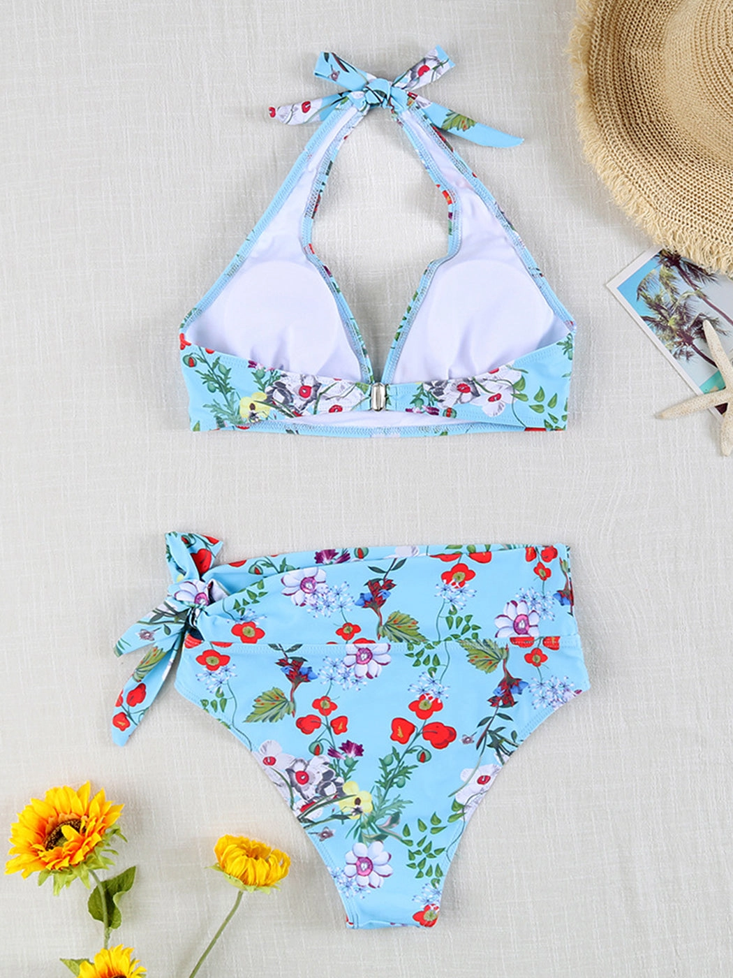 Multi-Color Printed Tie-Strap Sexy Halter Neck Split Bikini