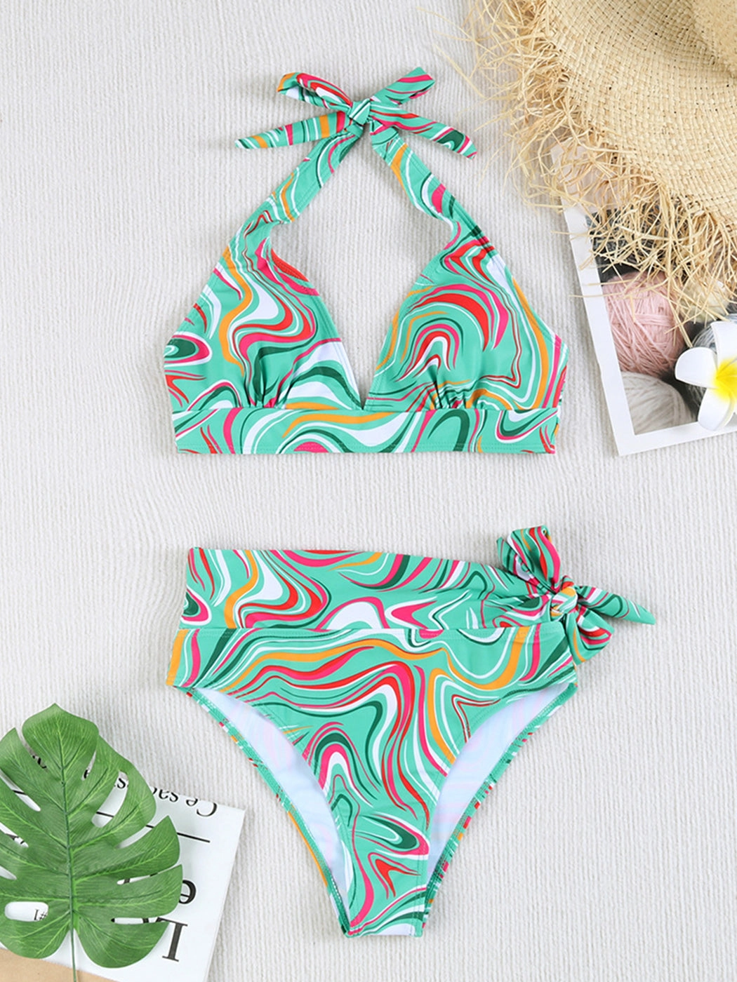 Multi-Color Printed Tie-Strap Sexy Halter Neck Split Bikini