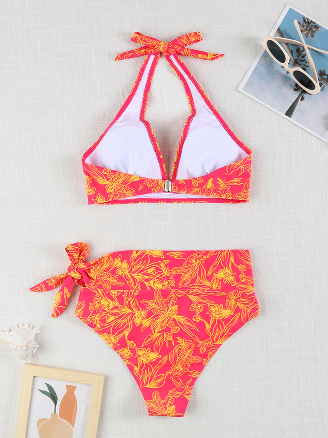 Multi-Color Printed Tie-Strap Sexy Halter Neck Split Bikini