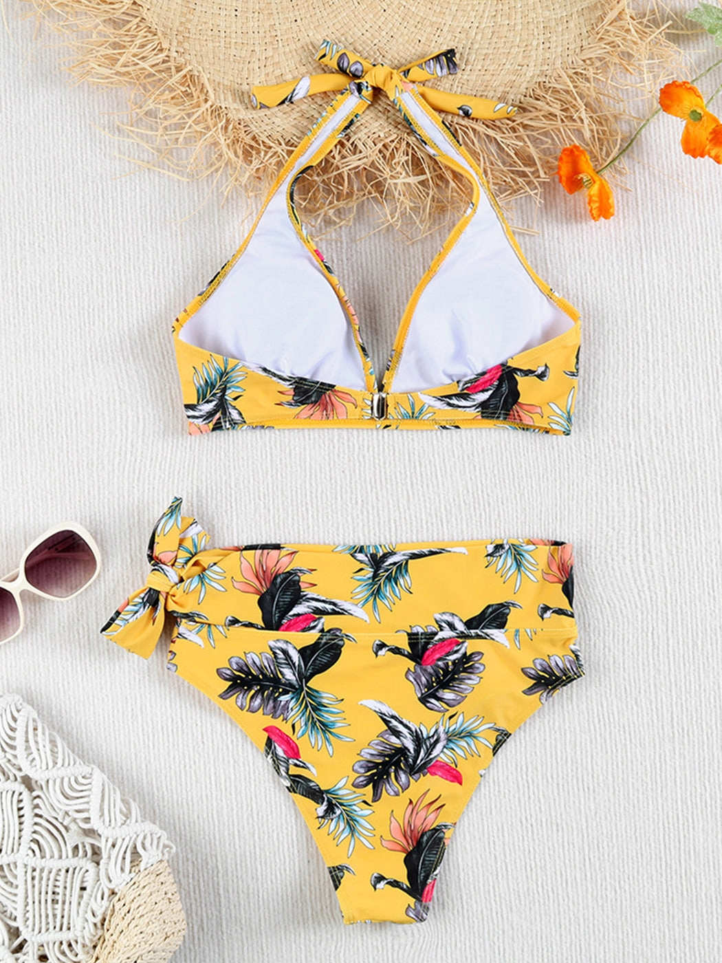 Multi-Color Printed Tie-Strap Sexy Halter Neck Split Bikini
