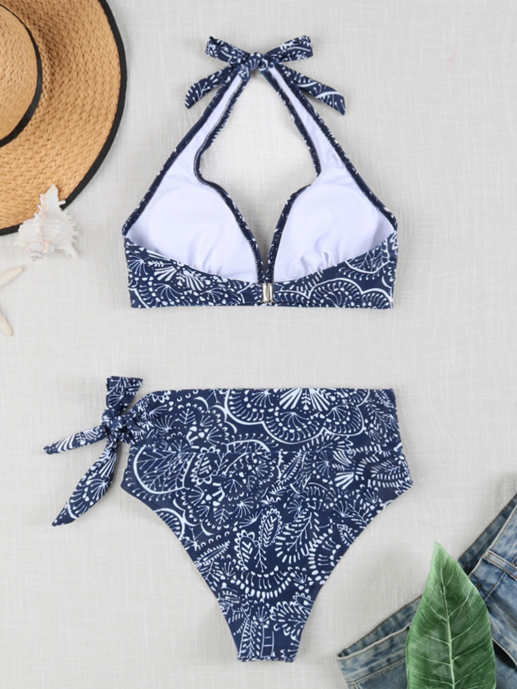 Multi-Color Printed Tie-Strap Sexy Halter Neck Split Bikini