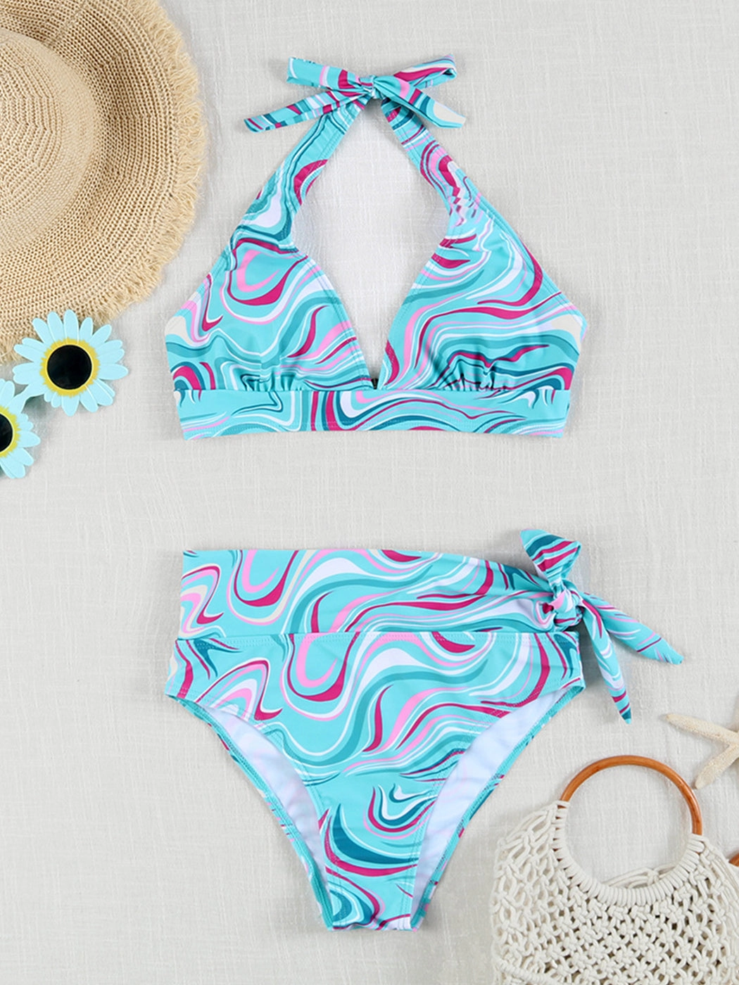 Multi-Color Printed Tie-Strap Sexy Halter Neck Split Bikini