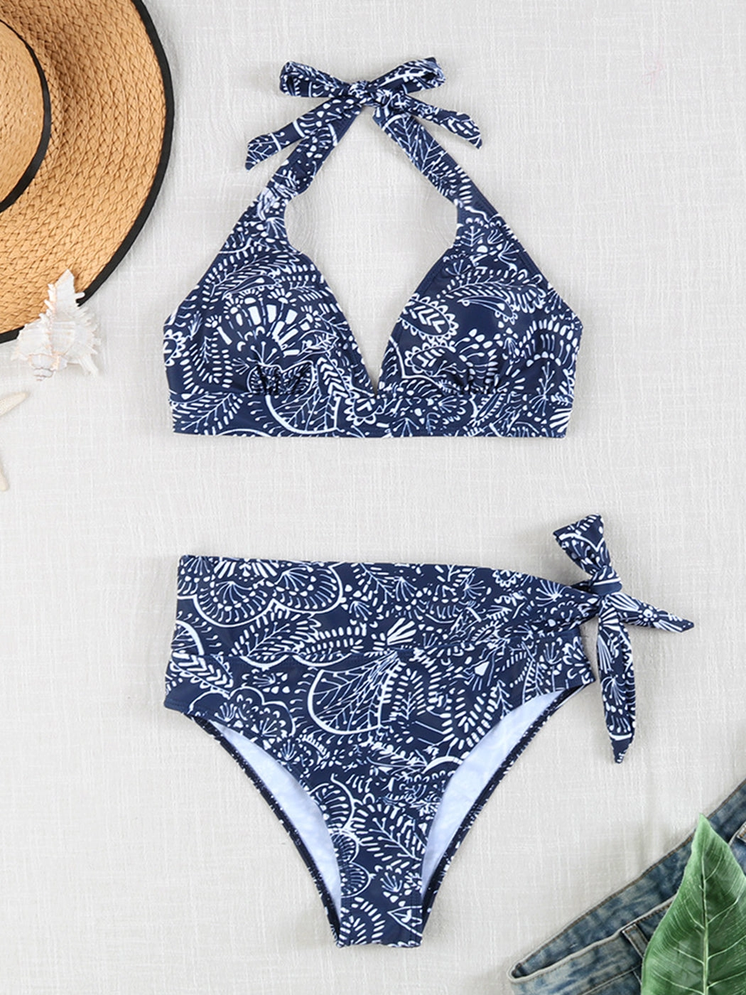 Multi-Color Printed Tie-Strap Sexy Halter Neck Split Bikini