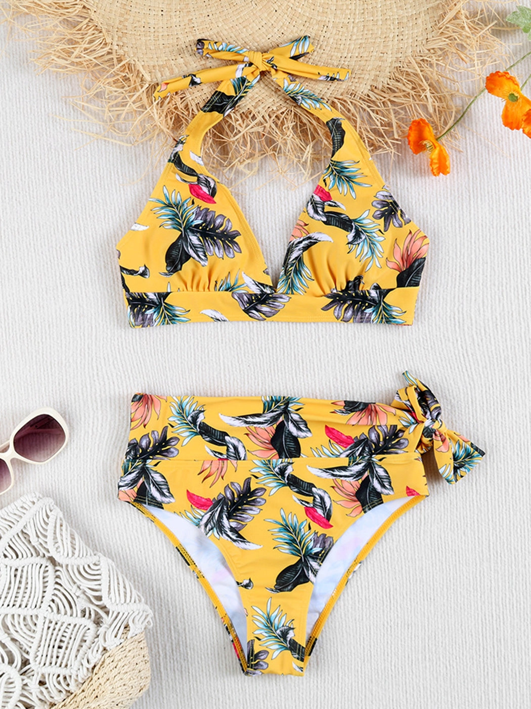 Multi-Color Printed Tie-Strap Sexy Halter Neck Split Bikini