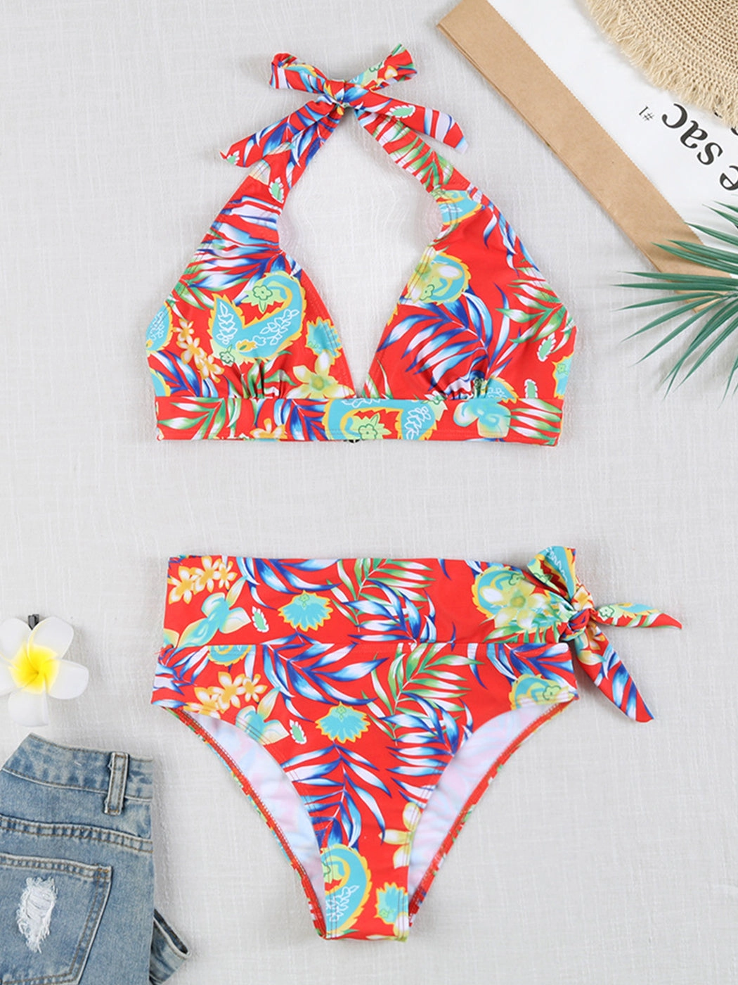 Multi-Color Printed Tie-Strap Sexy Halter Neck Split Bikini