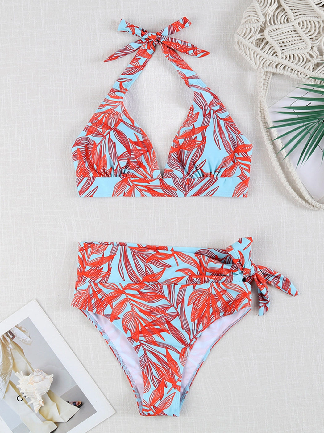 Multi-Color Printed Tie-Strap Sexy Halter Neck Split Bikini