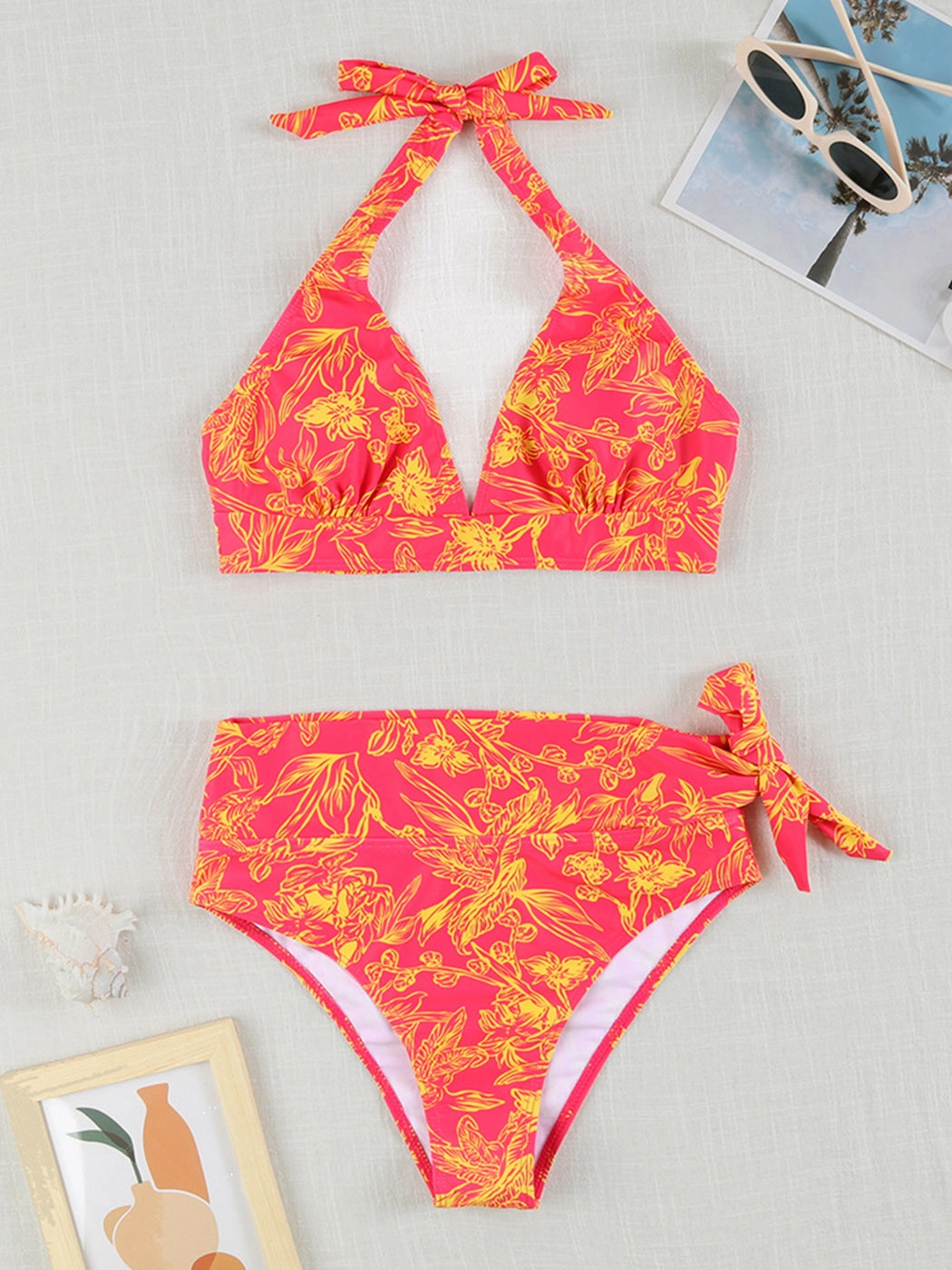 Multi-Color Printed Tie-Strap Sexy Halter Neck Split Bikini