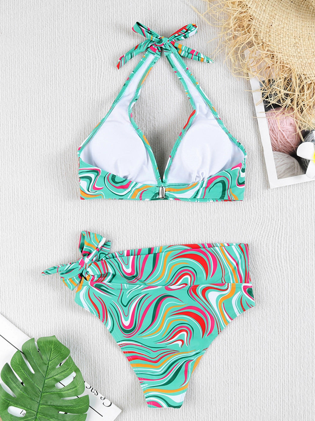 Multi-Color Printed Tie-Strap Sexy Halter Neck Split Bikini