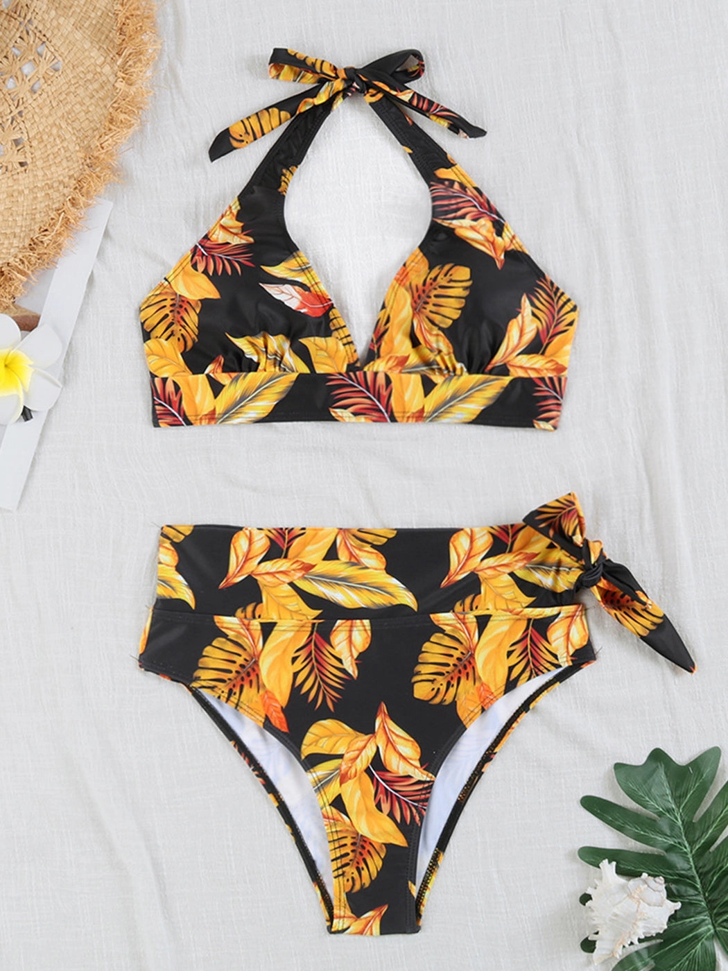 Multi-Color Printed Tie-Strap Sexy Halter Neck Split Bikini