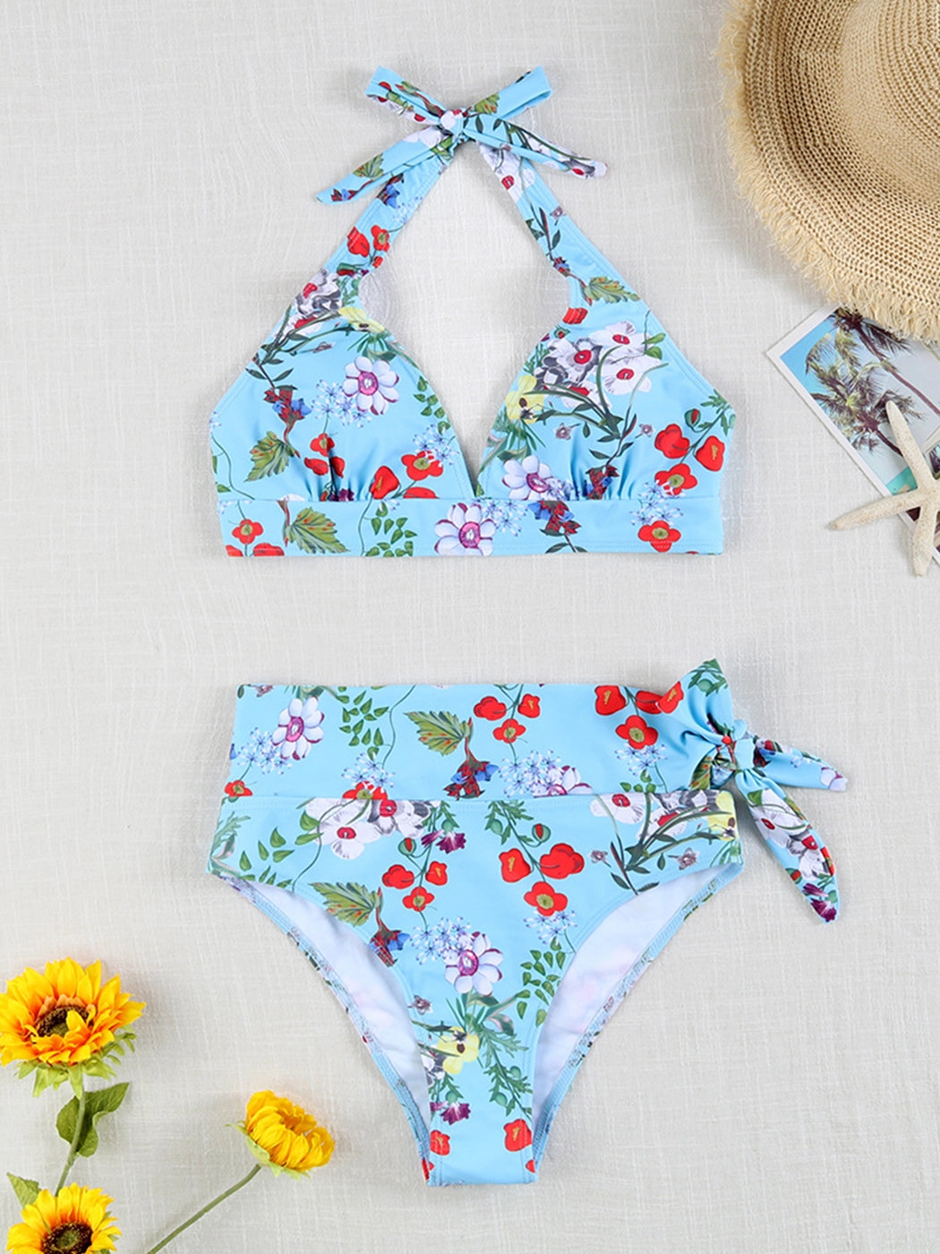Multi-Color Printed Tie-Strap Sexy Halter Neck Split Bikini