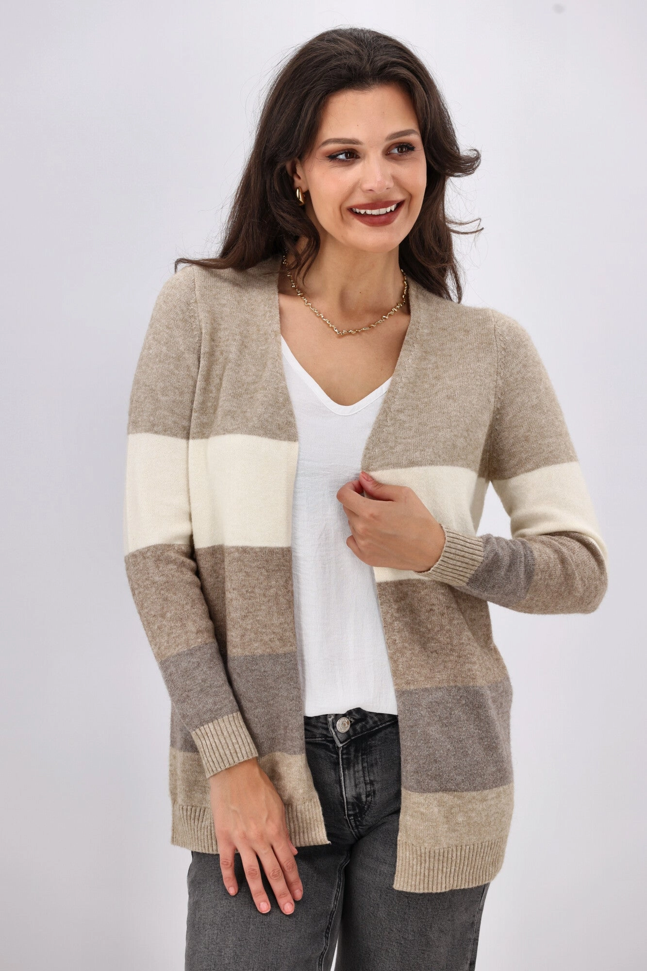 ONLY Lesly L/S Open Cardigan Beige Stripes