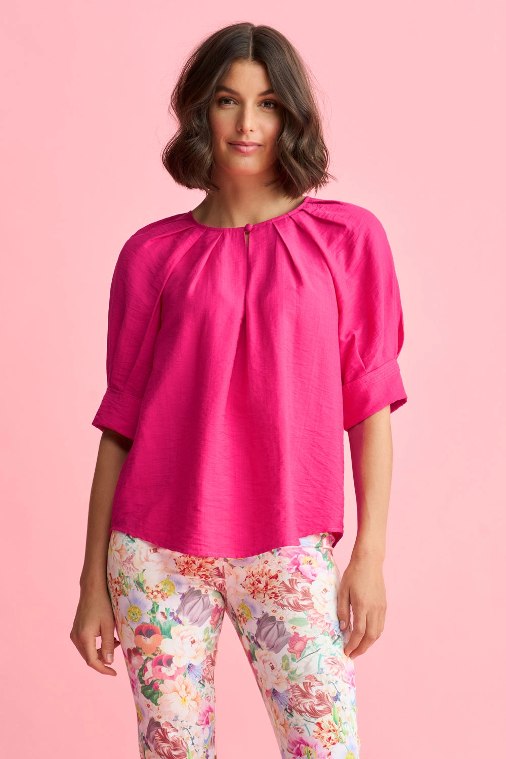 Pleated Keyhole Top - Hot Pink