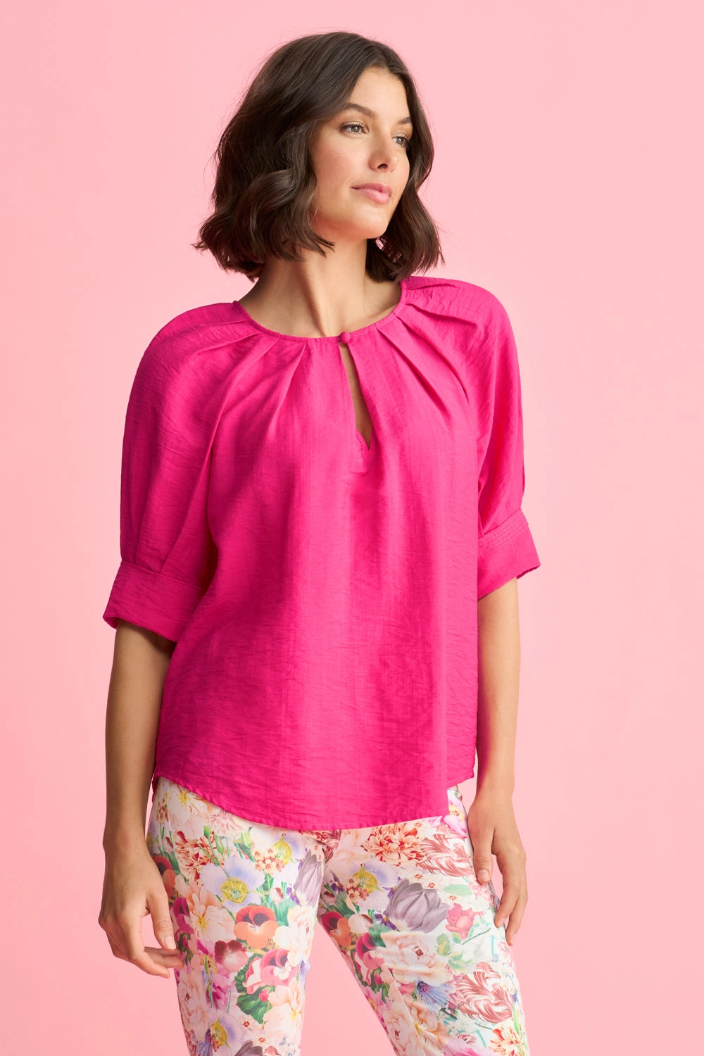 Pleated Keyhole Top - Hot Pink