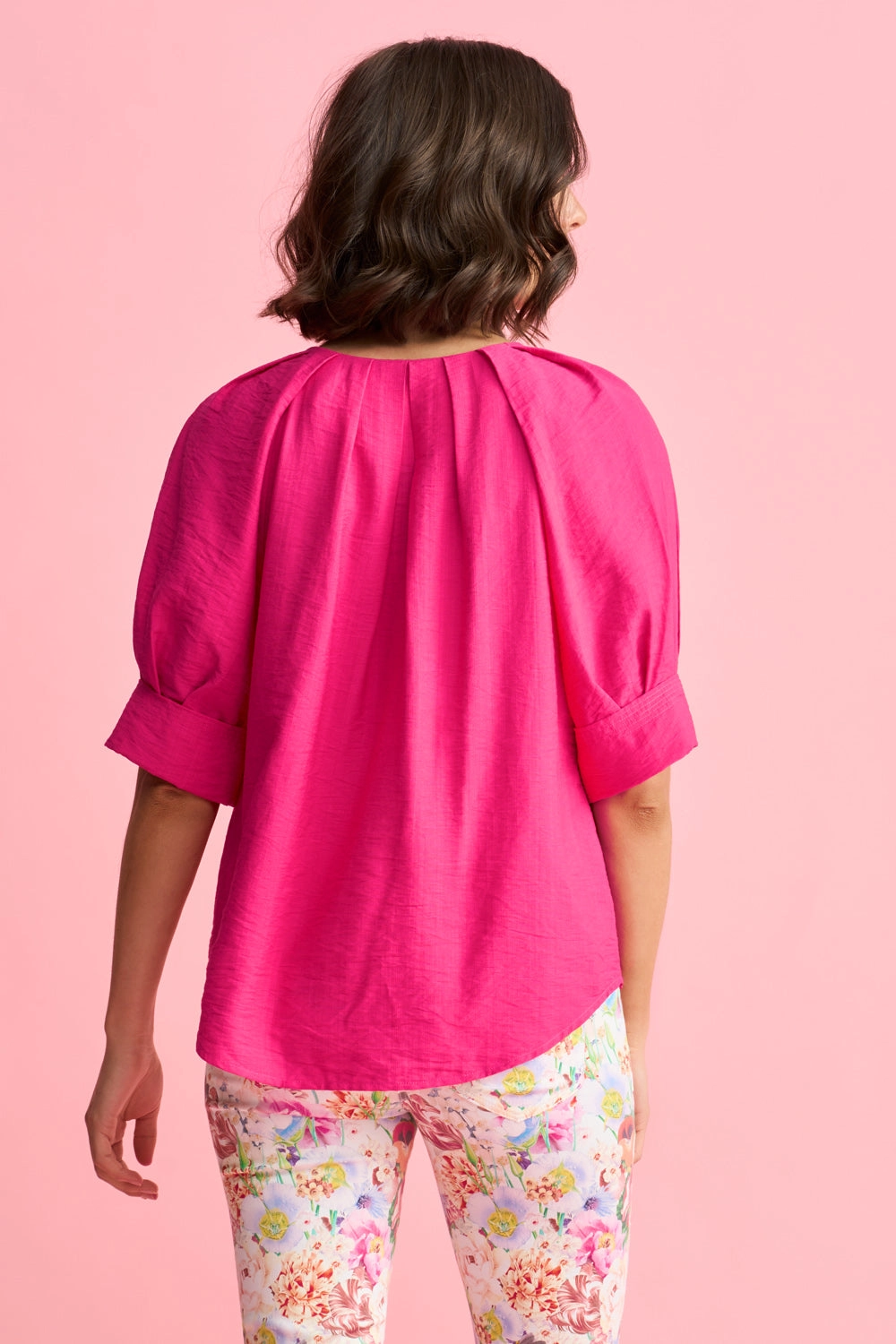 Pleated Keyhole Top - Hot Pink