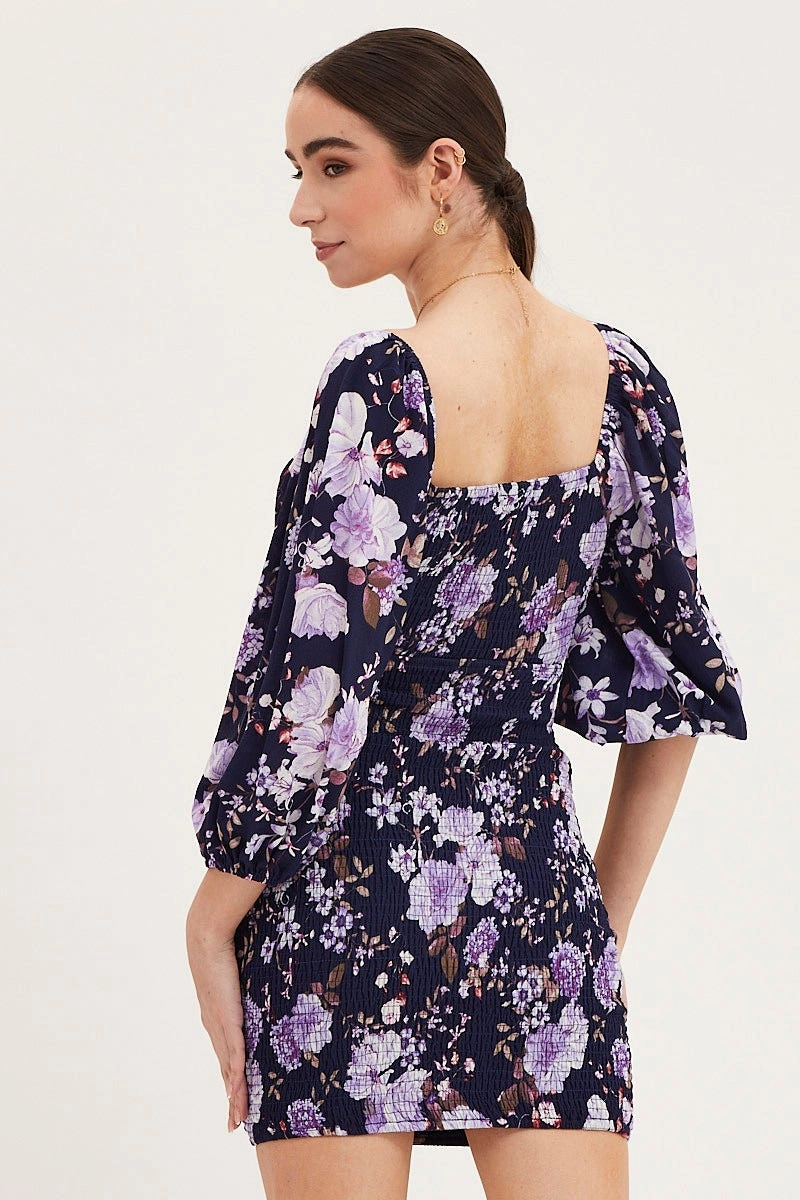 Print Shirred Dress Long Sleeve Mini