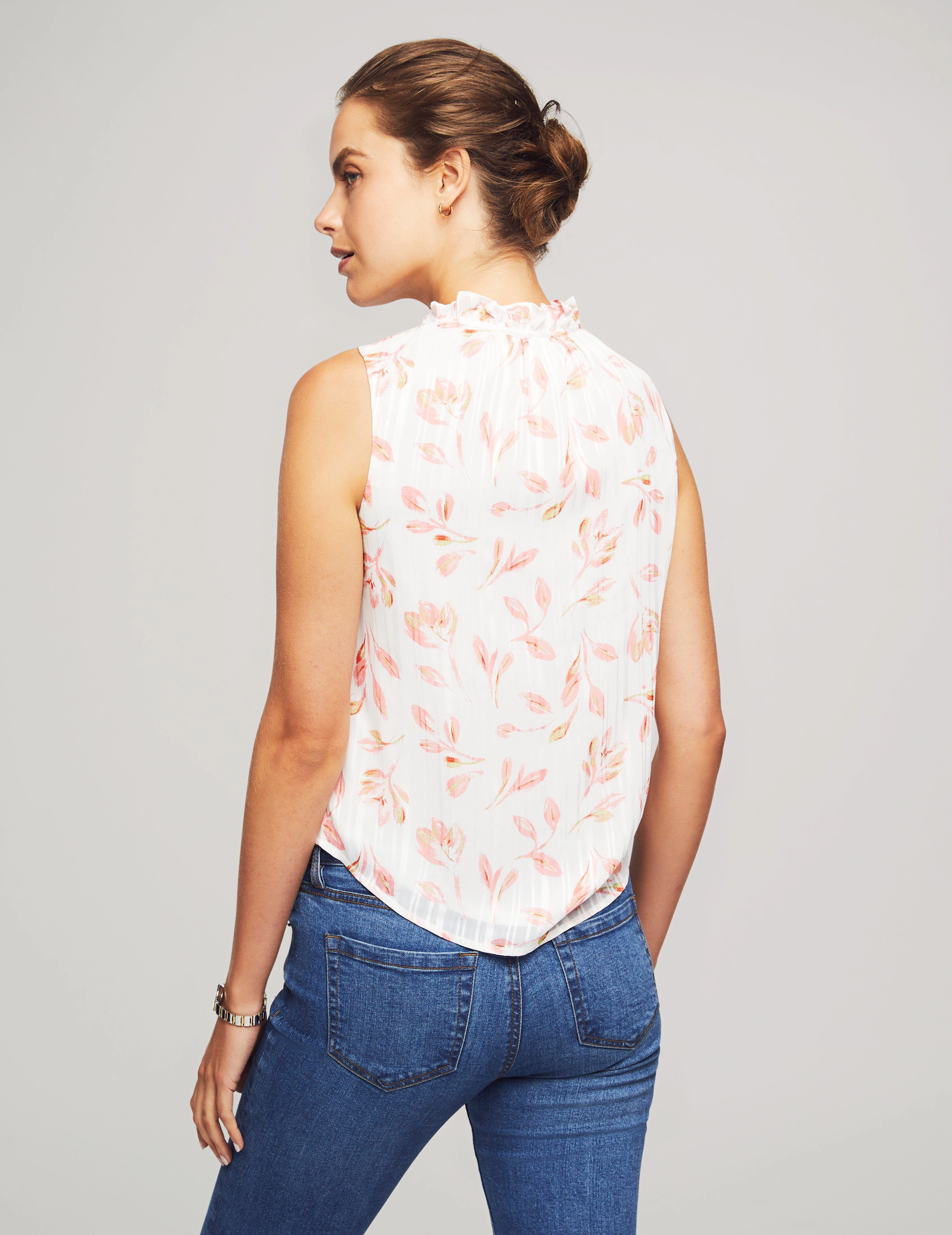 Printed Satin Stripe Sleeveless Ruffle Sleeve Tie Blouse- Sale