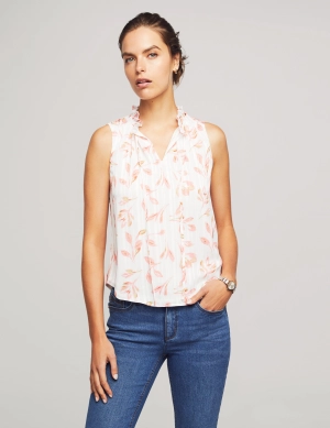 Printed Satin Stripe Sleeveless Ruffle Sleeve Tie Blouse- Sale