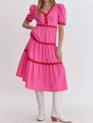 "star Of The Show" Ric Rac Midi Dress In Pink/ Red