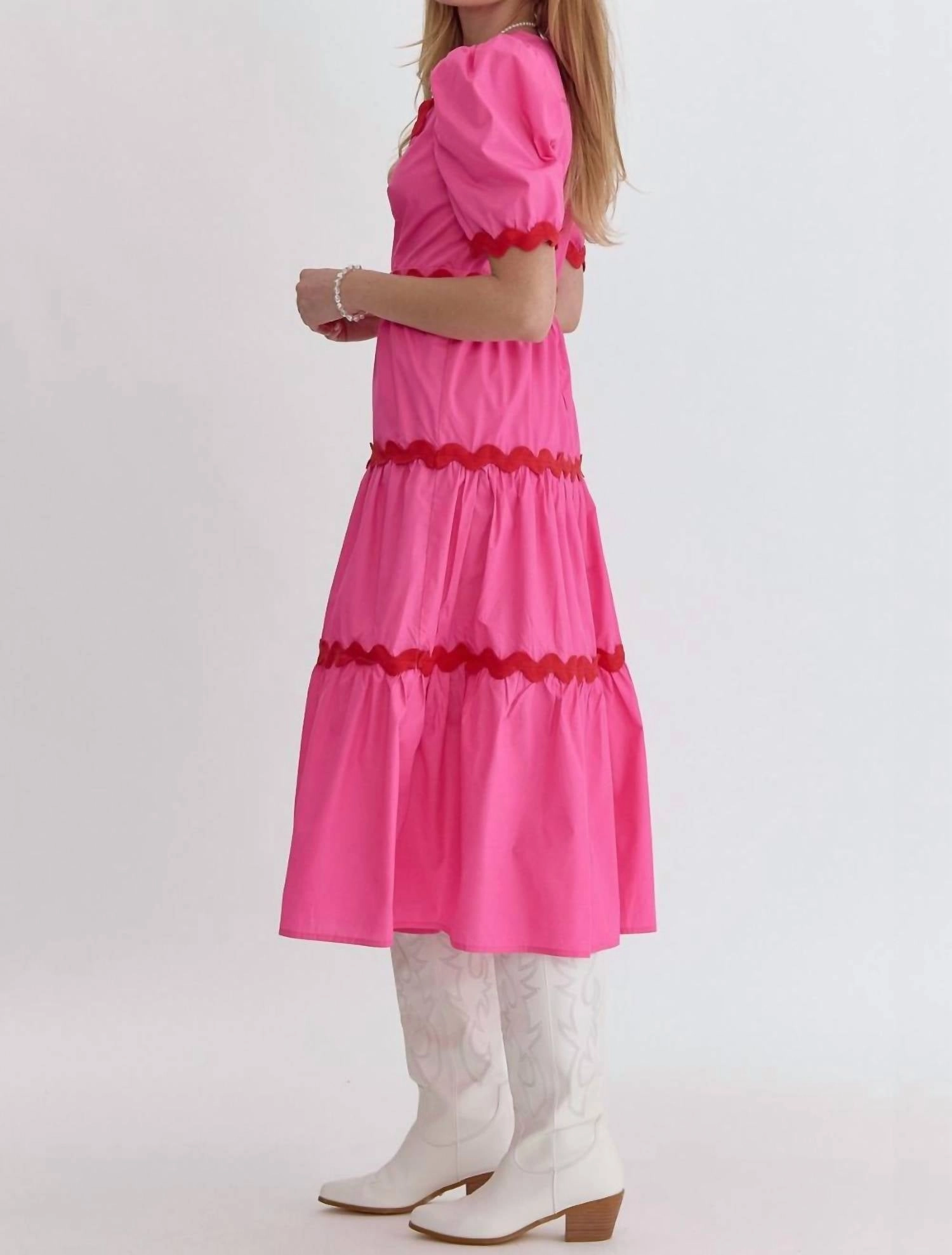 "star Of The Show" Ric Rac Midi Dress In Pink/ Red