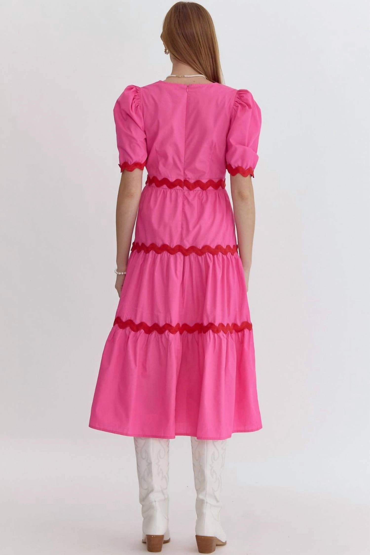 "star Of The Show" Ric Rac Midi Dress In Pink/ Red