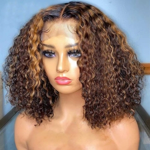 Tuneful Highlight Curly Bob Wigs Colored Human Hair Frontal Closure Wig