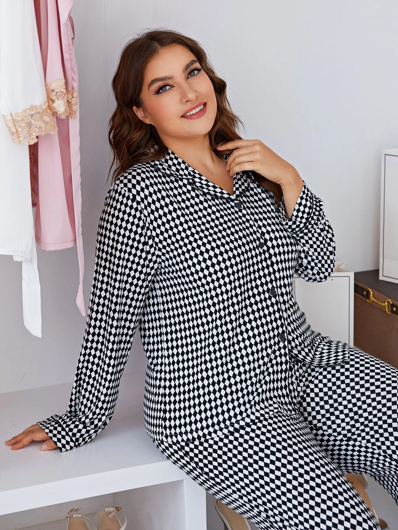 Women Plus Size Matching Plaid Pajama Set Loungewear